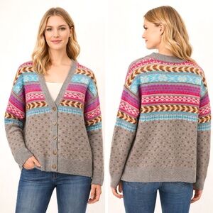Lucky Brand Women's Cardigan size L Gray, Pink, Blue Stripe Button Up NWT